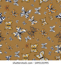 Mystical, symbols. Hand drawing on a gray, beige and white background. Seamless colorfil pattern. Repeated doodles.