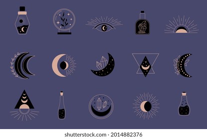 Mystical Symbols. Line Esoteric, Boho Mystical Hand Drawn Elements, Magic Witchcraft Crystal, Eyes, Moon, Sun, Cat. Vector Illustration Icons Set.