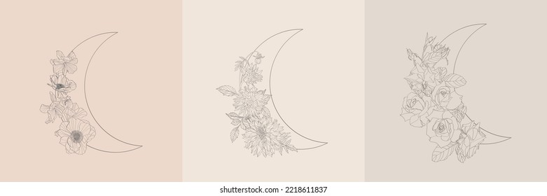 Mystical symbols, logo design set. Boho mystical hand drawn elements, magic moon with line flowers illustration icons.