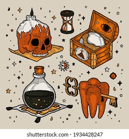 Símbolos místicos de las prácticas mágicas con calavera humana, pecho de madera, diente, llave y botella de vidrio