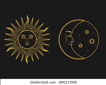 The mystical symbols - moon and sun with faces in retro style. Vector illustration