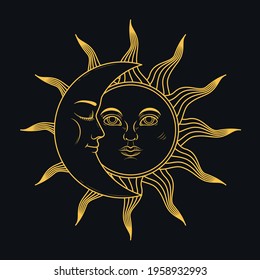 The mystical symbols - moon and sun with faces in retro style. Vector illustration