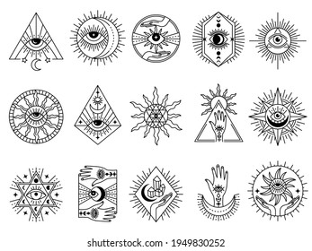 Mystical symbols. Occult emblems meditation magic esoterism and alchemy icons mystery stones tarot cards and moons recent vector stylized pictures set