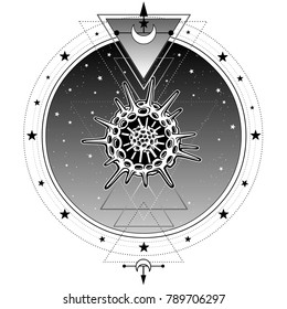 Mystical symbols of origin of life radiolaria. Sacred geometry. Alchemy, magic, esoteric, occultism. Vector illustration isolated on a white background. Print, poster, t-shirt, card.