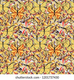 Mystical, symbols. Repeated doodles. Seamless colorfil pattern. Hand drawing on a yellow, white and black background.