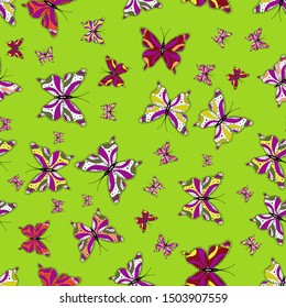 Mystical, symbols. Repeated doodles. Seamless colorfil pattern. Hand drawing on a green, white and purple background.