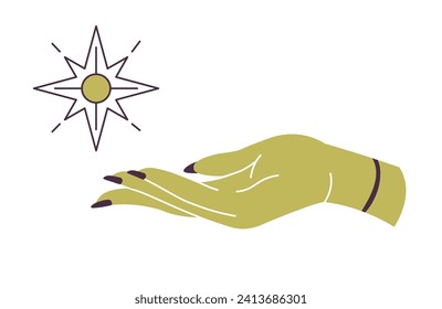 Símbolos místicos para las prácticas espirituales. Mano mágica aislada sosteniendo estrella brillante. Conexión divina, empoderamiento sagrado, manifestación y orientación de energías cósmicas. Vector de estilo plano