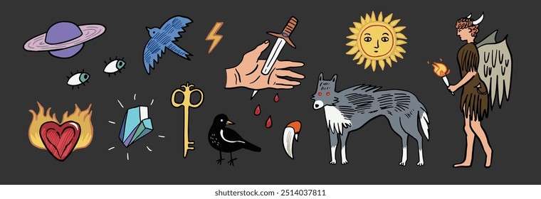 Conjunto de ilustraciones de halloween de diablo de cuento místico.