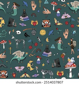 Mystical tale halloween seamless pattern.