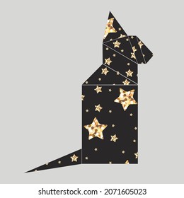 Mystical tangram black cat in trendy boho style. Vector magic origami cat silhouette with stars  for printing on wall, T-shirt, tattoo, social media.