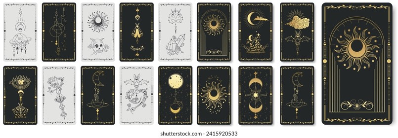 Mystical Tarot Card Designs Collection. Assortment of esoteric tarot cards with celestial and mystical symbols. Esoteric decorative element. Witchcraft, occult, spiritual design. Vector