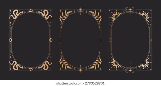 Mystical tarot card frames set with celestial moon and stars isolated on black background. Vector illustration of vintage golden border with sun and snake ornaments, esoteric symbols, spiritual design