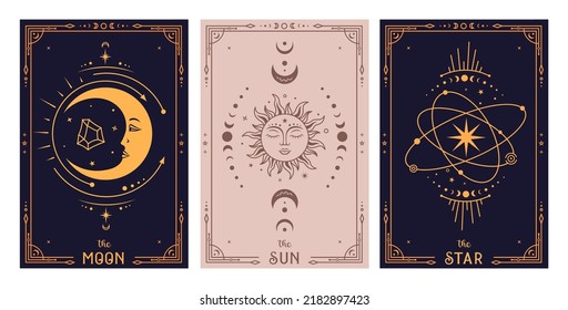 Mystical tarot card sun moon and star. Celestial poster design. Boho vector illustration. Esoteric decorative element. Witchcraft, occult, spiritual design