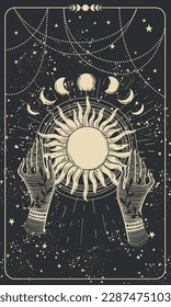 Mystical tarot card, witch holding the sun, engraved on a black background. Background for stories, magical celestial card of astrology, zodiac. Hand drawn vector illustration.