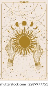 Mystical tarot card, witch holding sun engraved on beige boho background. Background for stories, magical celestial astrology card, zodiac. Hand drawn vector illustration.