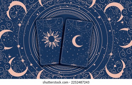 Mystische Tarot-Karten auf blauem himmlischem Hintergrund mit Mond und Sternen. Vintage Banner für Astrologie, Zodiac, Horoskop, Divination. Vektorflachbanner.