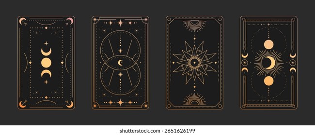 Moldura de tarô místico projetos com símbolos celestiais - cartões dourados com fases da lua, estrela de geometria sagrada, raios de sol e círculos cósmicos no fundo preto para o convés de adivinhação, arte esotérica.