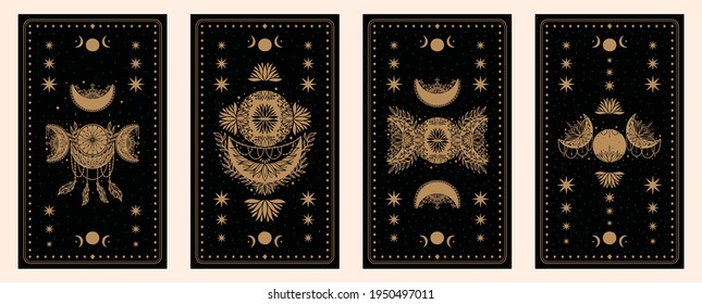 Mystical tarot reading desk card.Occult esoteric vintage tarot card.Witch fortune telling template theme.Vector illustration.