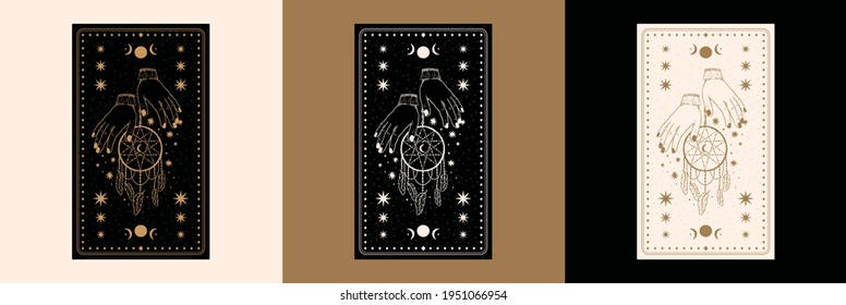 Mystical tarot reading desk card.Occult esoteric vintage tarot card.Witch fortune telling template theme.Vector illustration.