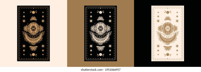 Mystical tarot reading desk card.Occult esoteric vintage tarot card.Witch fortune telling template theme.Vector illustration.