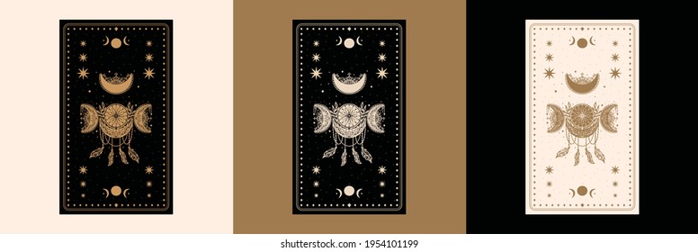 Mystical tarot reading desk card.Occult esoteric vintage tarot card.Witch fortune telling template theme.Vector illustration.