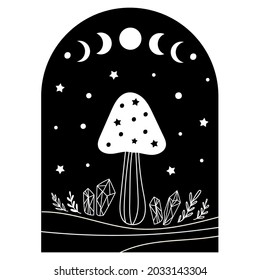 Mystical template design with moon and magic mushroom.  Vector illustration. 