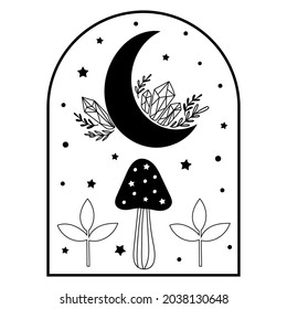 Mystical template design with moon and magic mushroom.  Vector illustration. 