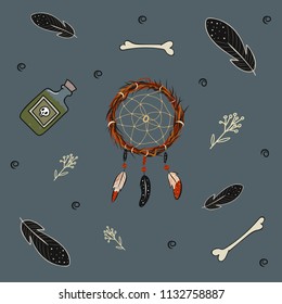 Mystical things vector pattern with dream catcher on dark background
