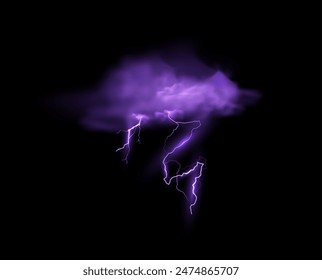 Mystical Thunder. Vector illustration of a purple thundercloud with smog, lightning and thunder. Fluffy magical spell mist with a mysterious glow. Isolated background.