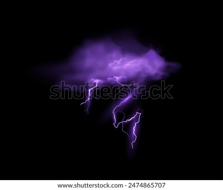 Mystical Thunder. Vector illustration of a purple thundercloud with smog, lightning and thunder. Fluffy magical spell mist with a mysterious glow. Isolated background.
