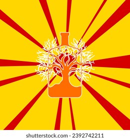 Mystical tree in bottle symbol on a background of red flash explosion radial lines. A large orange symbol is located in the center of the sunrise. Vector illustration on yellow background