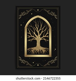 Árbol místico de otra dimensión en grabado, dibujado a mano, lujoso, esotérico, estilo boho, apto para espiritualista, religioso, paranormal, lector de tarot, astrólogo o tatuaje