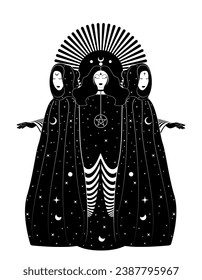 Mystical triple goddess, priestesses  in magical cloak. Beautiful fairy women with celestial long dress. Gothic Witch wiccan female sacred design. Vector isolated on white background art deco style 