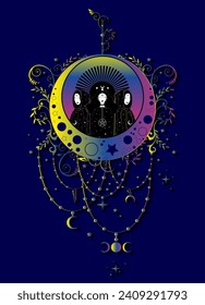 Mystical triple goddess, priestesses  on magical crescent moon. Beautiful celestial fairy women in colorful boho style. Gothic Witch wiccan female sacred design. Vector isolated on blue background