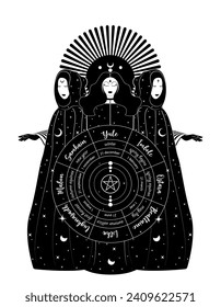 Mystische Dreifachgöttin, Priesterinnen im Rad des Jahres ist ein jährlicher Zyklus von saisonalen Festivals. Wiccan Kalender und Feiertage. Gotische Hexe, die heiliges Design weiblich. Vektorgrafik einzeln auf Weiß 