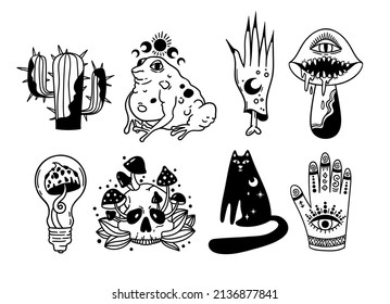 Mystical trippy isolated cliparts bundle, goblincore aesthetics, mystical toad, black cat, creepy mushroom, hand, skull - esoteric witchy stuff, black and white illustration