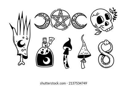 Mystical trippy isolated cliparts bundle, goblincore aesthetics, mystical bottle, skull, witchy moon, snake, creepy mushroom, hand, - esoteric stuff, black and white illustration