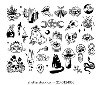 Mystical trippy isolated cliparts bundle, goblincore aesthetics, mystical toad, black cat, creepy mushroom, hand, skull - esoteric witchy stuff, black and white