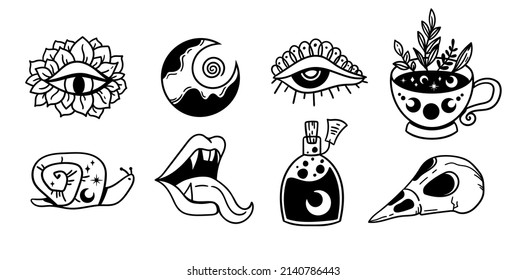 Mystical trippy isolated cliparts bundle, goblincore aesthetics, mystical moon, evil eye, crow skull, magic bottle and snail - esoteric witchy stuff, black and white vector