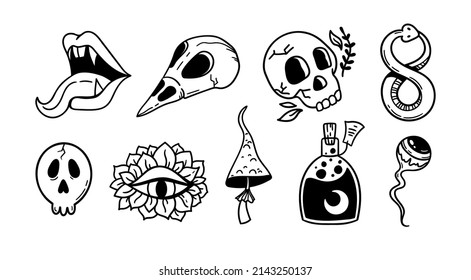 Mystical trippy isolated cliparts bundle, goblincore aesthetics, mystical snake, evil eye, mushroom, crow skull, magic bottle - esoteric witchy stuff, black and white vector