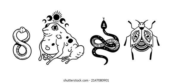 Mystical trippy isolated cliparts bundle, goblincore aesthetics, mystical toad, creepy insect, snake - esoteric witchy stuff, black and white illustration