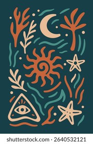 A mystical tropical doodle pattern inspired by island life, featuring abstract suns, stars, plants, waves, and all-seeing eye symbols in a playful yet spiritual composition.