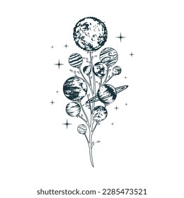 Mystical twig with planets, moon and stars. Celestial hand drawn space composition isolated on white background for greeting card, tattoo and poster.