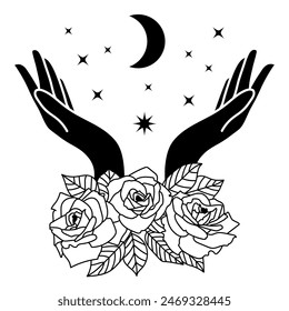Mystical vector floral crescent moon with rose flowers , stars and hands in black color. Astrology composition design