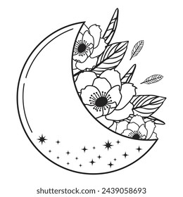 Mystical vector floral moon with anemone flowers , stars and leaves in black color. Astrology composition design