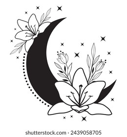 Mystical vector floral moon with lily flowers , stars and leaves in black color. Astrology composition design