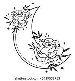 Mystical vector floral moon with peony flowers , stars and leaves in black color. Astrology composition design