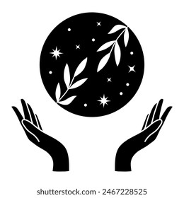 Mystical vector floral moon with peony flowers , stars and hands in black color. Astrology composition design