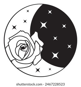 Mystical vector floral moon with rose flower and stars in black color. Astrology composition design