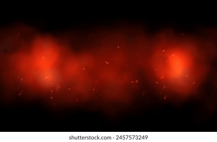 Mystical vector graphics: smoke magic effect in neon red with small particles creating a cloudy haze with sparks and light isolated on a black background.